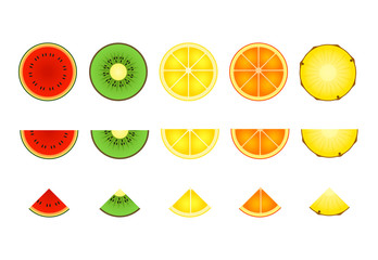 Slices of tropical fruit set. Cut of watermelon, kiwi, lemon, orange, pineapple. Food concept Realistic vector illustration can be used for vacation, tropical resort, summer