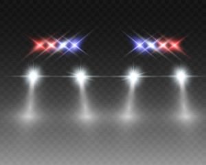 Realistic white glow round beams of car headlights, isolated on transparent background. Police car. Light from headlights. Police patrol.