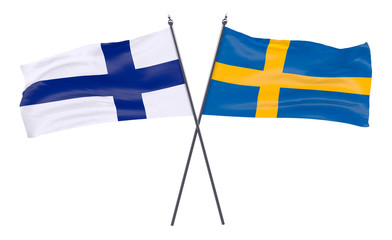 Finland and Sweden, two crossed flags isolated on white background. 3d image