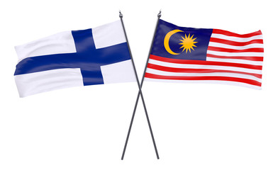 Finland and Malaysia, two crossed flags isolated on white background. 3d image