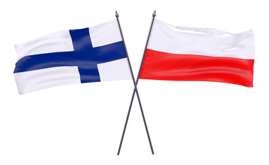 Finland and Poland, two crossed flags isolated on white background. 3d image