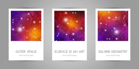 Fototapeta na wymiar Scientific 4x6 postcards with copy space. Hipster geometry shapes with space texture. Vector design for music albums, posters, flyers, mobile applications or corporate identity.