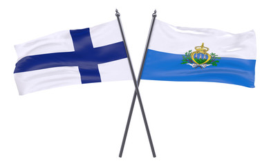 Finland and San Marino, two crossed flags isolated on white background. 3d image