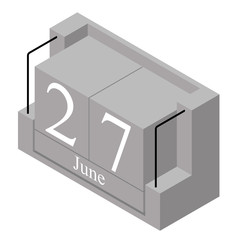 June 27th date on a single day calendar. Gray wood block calendar present date 27 and month June isolated on white background. Holiday. Season. Vector isometric illustration