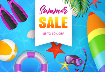 Fototapeta na wymiar Summer Sale lettering, scuba mask, flippers and surfboard. Tourism, summer offer or shopping design. Handwritten and typed text, calligraphy. For leaflets, invitations, posters or banners.