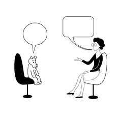 Woman asks to dog in bubbles. They sit and talking. Vector contour drawing image.