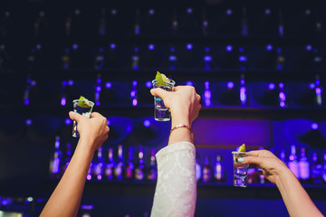 Hand holding a glass with vodka shot.