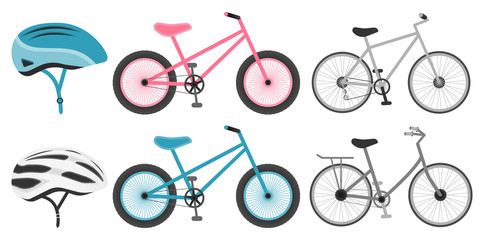 Various bicycles and helmets icons in set collection for design. The type of transport vector symbol stock vector illustration. eps 10