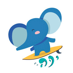 The elephant rides on the surf. Cute blue baby elephant - surfer. Enjoys life. Savannah, Africa. Flat hand drawn illustration kid's poster. Lazy cartoon animal character set. Child theme.