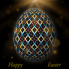 Happy Easter – Frohe Ostern, Artfully designed, abstract and colorful easter egg, 3D illustration on background with bokeh and light leaks