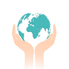 Blue planet Earth in two human hands isolated on white background. Save Earth concept. International Earth Day April 22.