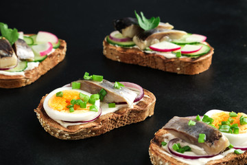 smorrebrod sandwiches  with herring rye bread boiling eggs cucumber sliced radish chopped green onions on black background 