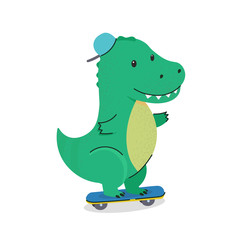 Cute green little dinosaur riding a scooter. Tyrannosaurus rex is having fun. Fashionable T-Rex with cap. Flat hand drawn illustration kid's poster. Cartoon animal character set. Child theme.