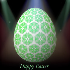 Happy Easter – Frohe Ostern, Artfully designed, abstract and colorful easter egg, 3D illustration on background with bokeh and light leaks
