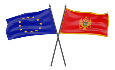 European Union and Montenegro, two crossed flags isolated on white background. 3d image