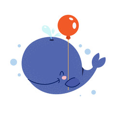 Cute little blue whale smiling and holding fins red balloon. Blue baby whale is going to a birthday party. Flat hand drawn illustration kid's poster. Cartoon animal character set. Child theme.