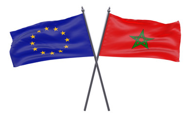 European Union and Morocco, two crossed flags isolated on white background. 3d image