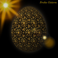 Happy Easter – Frohe Ostern, Artfully designed, abstract and colorful easter egg, 3D illustration on background with bokeh and light leaks
