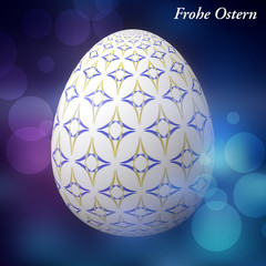 Happy Easter – Frohe Ostern, Artfully designed, abstract and colorful easter egg, 3D illustration on background with bokeh and light leaks