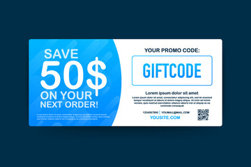 Promo code. Vector Gift Voucher with Coupon Code. Premium eGift Card Background for E-commerce, Online Shopping. Marketing. Vector illustration. - obrazy, fototapety, plakaty
