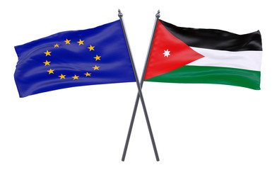 European Union and Jordan, two crossed flags isolated on white background. 3d image