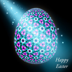 Happy Easter – Frohe Ostern, Artfully designed, abstract and colorful easter egg, 3D illustration on background with bokeh and light leaks