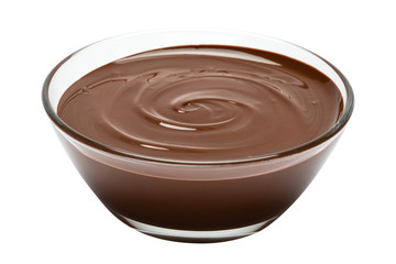 glass bowl of chocolate cream or melted chocolate isolated on white