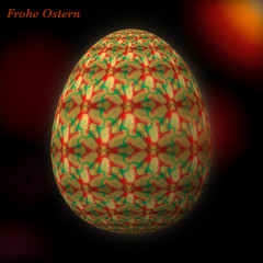 Happy Easter – Frohe Ostern, Artfully designed, abstract and colorful easter egg, 3D illustration on background with bokeh and light leaks