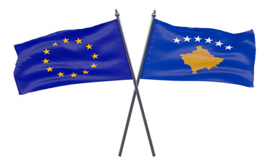 European Union and Kosovo, two crossed flags isolated on white background. 3d image