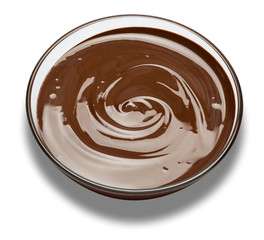 glass bowl of chocolate cream or melted chocolate isolated on white