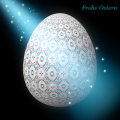 Happy Easter – Frohe Ostern, Artfully designed, abstract and colorful easter egg, 3D illustration on background with bokeh and light leaks