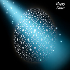 Happy Easter – Frohe Ostern, Artfully designed, abstract and colorful easter egg, 3D illustration on background with bokeh and light leaks