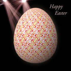 Happy Easter – Frohe Ostern, Artfully designed, abstract and colorful easter egg, 3D illustration on background with bokeh and light leaks