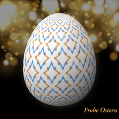 Happy Easter – Frohe Ostern, Artfully designed, abstract and colorful easter egg, 3D illustration on background with bokeh and light leaks