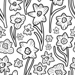 Minimalist black and white daffodils coloring book style seamless vector pattern.