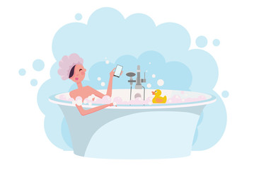 Girl in shower cap taking a bath full of soap foam.Yellow rubber duck in bathtub. Woman takes bath in exquisite bathtub. Relaxing girl in bathroom on white background. Flat cartoon illustration