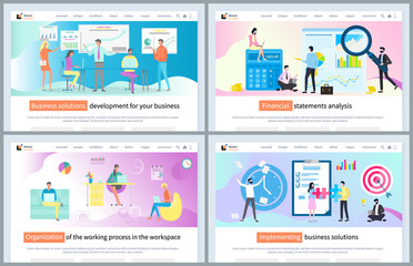 Obraz na płótnie Canvas Implementing business solution vector, workplace organization for efficiency and high productivity. Schemes and charts on whiteboard, research. Website or webpage template, landing page flat style