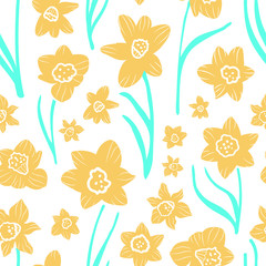 Yellow and qua blue daffodils on plain white background in a folk art naive style. Seamless vector pattern.