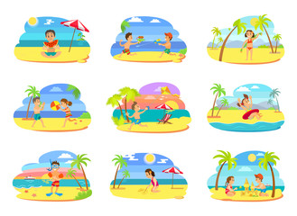 Fototapeta na wymiar Summer vacation vector, set of kids on beach. Boys and girls playing together, building castle, eating juicy watermelon. Water fight and wind kite