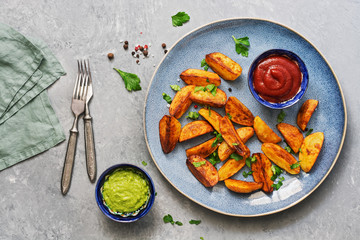 Fried potatoes with tomato sauce,guacamole, spices and greens in a plate on a gray background. Top view.