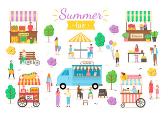 Obraz premium Summer fair activities vector, man and woman eating hotdogs under umbrella shade, flowers in pots, ice cream sweets cold dessert, kid with balloon