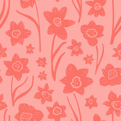 Obraz premium Monochrome coral hand drawn daffodil silhouette texture. Seamless vector pattern.