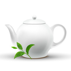 Ceramic White Teapot With Vector Green Tea Leaf. Teapot Mockup Isolated Design Element. Eco, Organic Black Ceylon Tea Plant Clipart. Herb, Twig. Porcelain Kettle 3D Realistic Illustration