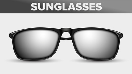 Black Unisex Sunglasses, Trendy Vector 3D Shades. Stylish Rectangle Sunglasses With Plastic Frame Isolated Clipart. Fashionable Minimalistic Men Eyewear. Accessories Realistic Illustration