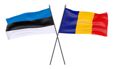 Estonia and Romania, two crossed flags isolated on white background. 3d image