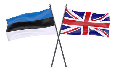 Estonia and United Kingdom, two crossed flags isolated on white background. 3d image