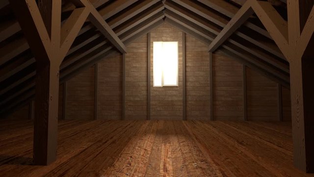 animation of an empty wooden attic room