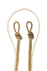 Rope isolated. Closeup of node or knot from two brown ropes and a white rope in shape of a ghost isolated on a white background. Navy and angler knot.
