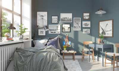 3d Illustration eines kleinen skandinavischen, nordischen Schlafzimmers mit Bett - Ferienwohnung