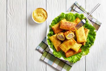 crepe rolls with ground chicken meat, top view